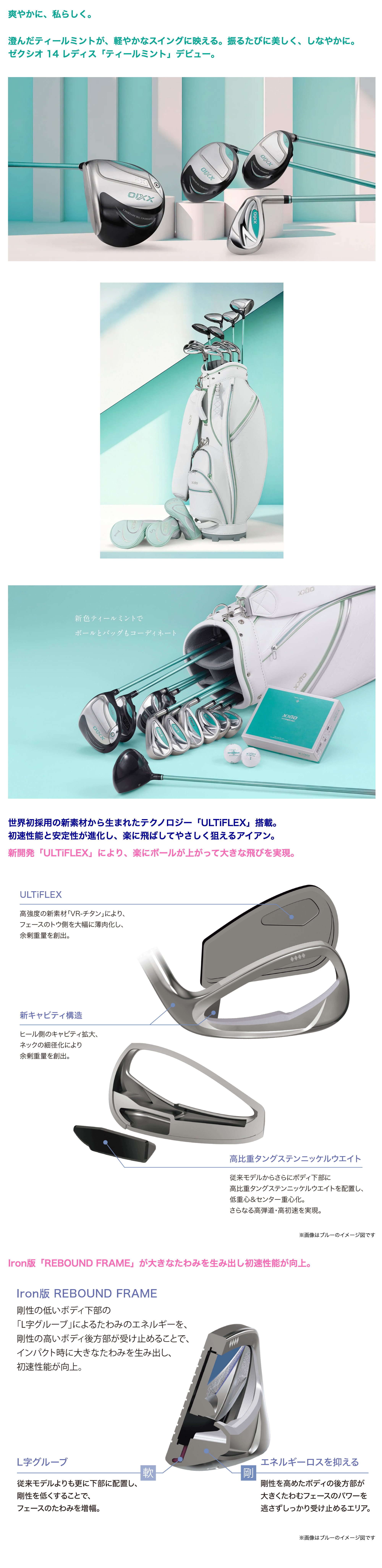 【7/25発売】ゼクシオ 14 レディス ティールミント アイアン MP1400L カーボンシャフト 5本セット（＃7～9、PW、SW）【限定カラー】